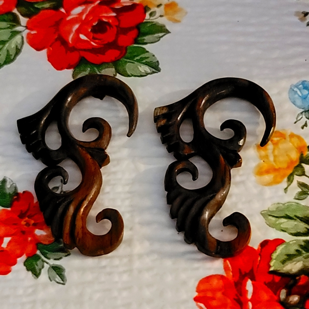 Tribal style wooden Gauge earrings.